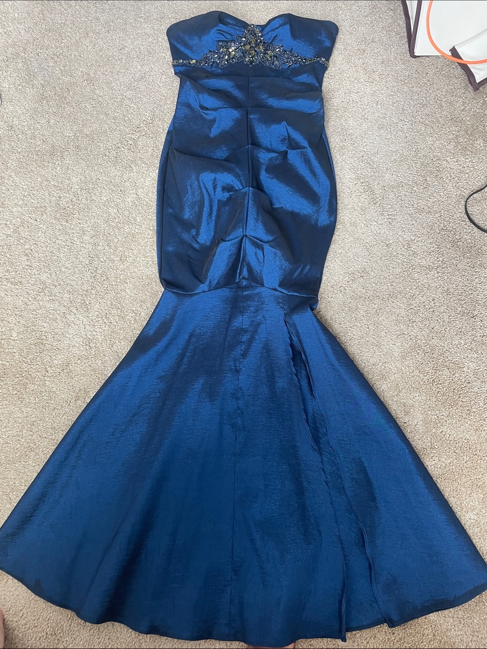 Strapless Beaded Mermaid Evening Gown - Deep Sapphire Blue